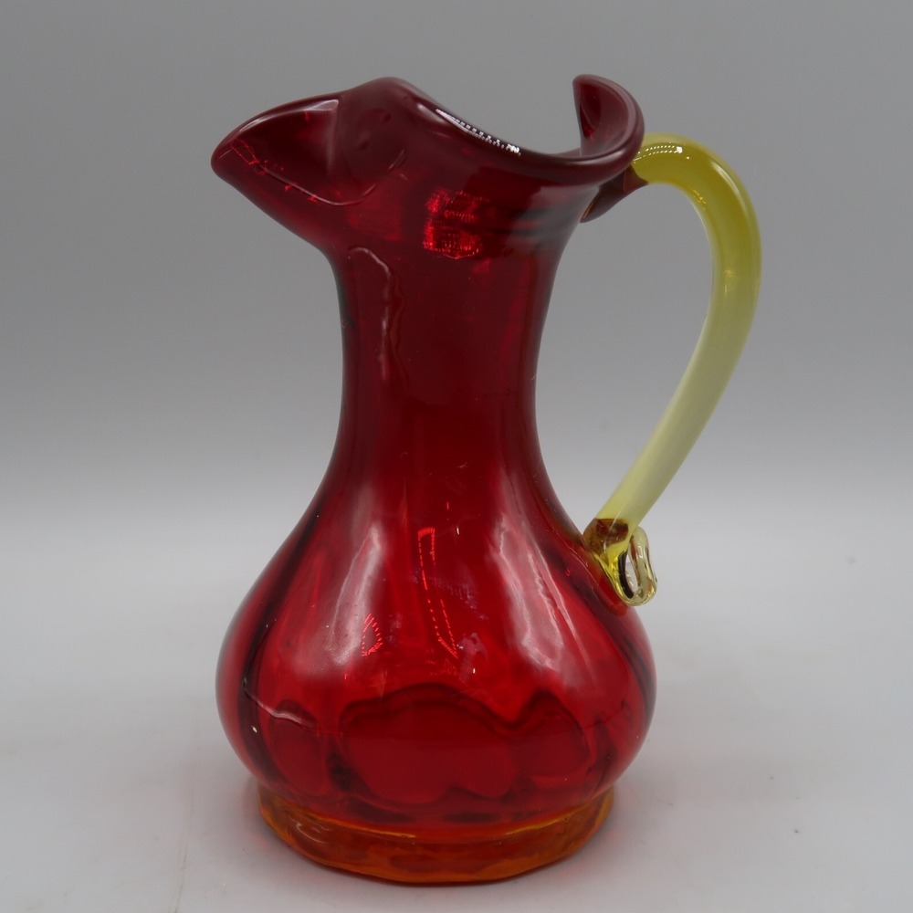 Amberina Glass Red Yellow Ruffle Top Pitcher Vase Vintage 5 inch